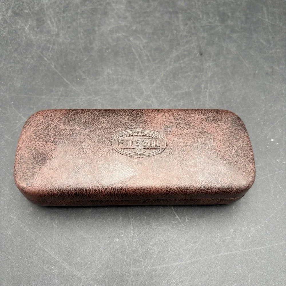 Vintage Fossil Brown Leather Eyeglasses Sunglasses Hard Clam Shell Case